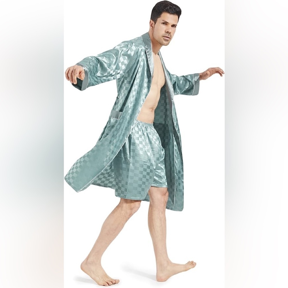 New Mens Silky Pajama Robe Short Set w/ 2 Pockets Multiple Sizes - Picture 1 of 2